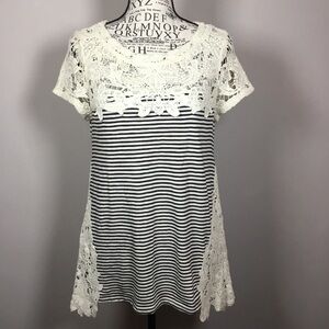 Meadow Rue black and white striped top cream embroidery top and sides sz XS